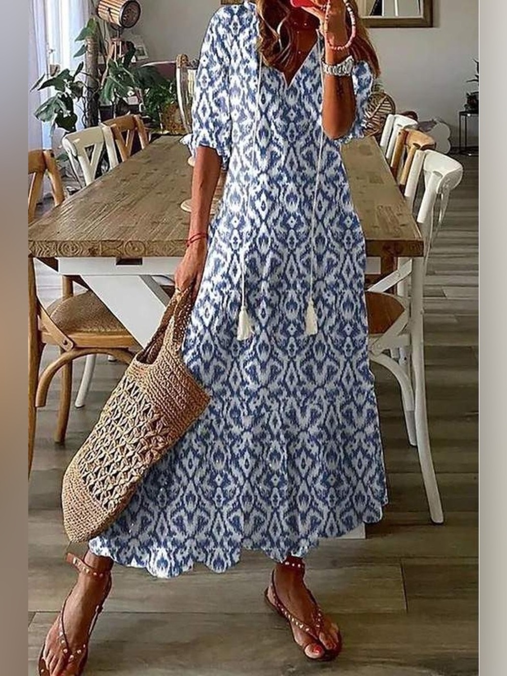 NWT Blue White Print Flowy Boho Maxi Dress